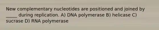 New complementary nucleotides are positioned and joined by _____ during replication. A) DNA polymerase B) helicase C) sucrase D) RNA polymerase