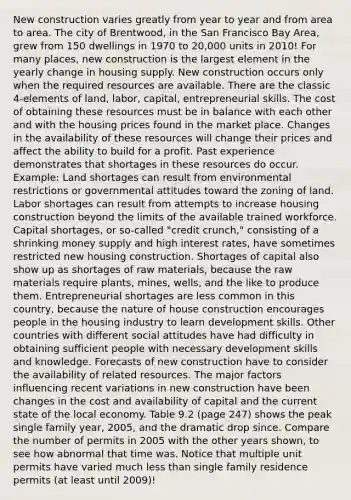 New construction varies greatly from year to year and from area to area. The city of Brentwood, in the San Francisco Bay Area, grew from 150 dwellings in 1970 to 20,000 units in 2010! For many places, new construction is the largest element in the yearly change in housing supply. New construction occurs only when the required resources are available. There are the classic 4-elements of land, labor, capital, entrepreneurial skills. The cost of obtaining these resources must be in balance with each other and with the housing prices found in the market place. Changes in the availability of these resources will change their prices and affect the ability to build for a profit. Past experience demonstrates that shortages in these resources do occur. Example: Land shortages can result from environmental restrictions or governmental attitudes toward the zoning of land. Labor shortages can result from attempts to increase housing construction beyond the limits of the available trained workforce. Capital shortages, or so-called "credit crunch," consisting of a shrinking money supply and high interest rates, have sometimes restricted new housing construction. Shortages of capital also show up as shortages of raw materials, because the raw materials require plants, mines, wells, and the like to produce them. Entrepreneurial shortages are less common in this country, because the nature of house construction encourages people in the housing industry to learn development skills. Other countries with different social attitudes have had difficulty in obtaining sufficient people with necessary development skills and knowledge. Forecasts of new construction have to consider the availability of related resources. The major factors influencing recent variations in new construction have been changes in the cost and availability of capital and the current state of the local economy. Table 9.2 (page 247) shows the peak single family year, 2005, and the dramatic drop since. Compare the number of permits in 2005 with the other years shown, to see how abnormal that time was. Notice that multiple unit permits have varied much less than single family residence permits (at least until 2009)!