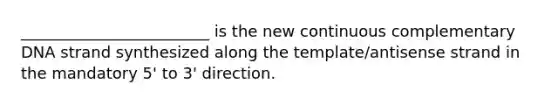 ________________________ is the new continuous complementary DNA strand synthesized along the template/antisense strand in the mandatory 5' to 3' direction.