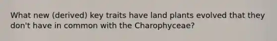 What new (derived) key traits have land plants evolved that they don't have in common with the Charophyceae?