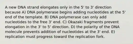 A new DNA strand elongates only in the 5' to 3' direction because A) DNA polymerase begins adding nucleotides at the 5' end of the template. B) DNA polymerase can only add nucleotides to the free 3' end. C) Okazaki fragments prevent elongation in the 3' to 5' direction. D) the polarity of the DNA molecule prevents addition of nucleotides at the 3' end. E) replication must progress toward the replication fork.