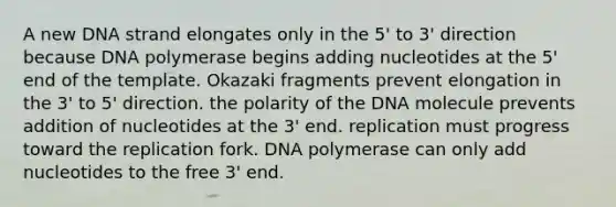 A new DNA strand elongates only in the 5' to 3' direction because DNA polymerase begins adding nucleotides at the 5' end of the template. Okazaki fragments prevent elongation in the 3' to 5' direction. the polarity of the DNA molecule prevents addition of nucleotides at the 3' end. replication must progress toward the replication fork. DNA polymerase can only add nucleotides to the free 3' end.