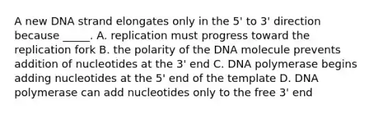 A new DNA strand elongates only in the 5' to 3' direction because _____. A. replication must progress toward the replication fork B. the polarity of the DNA molecule prevents addition of nucleotides at the 3' end C. DNA polymerase begins adding nucleotides at the 5' end of the template D. DNA polymerase can add nucleotides only to the free 3' end