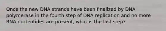 Once the new DNA strands have been finalized by DNA polymerase in the fourth step of DNA replication and no more RNA nucleotides are present, what is the last step?