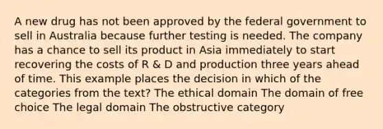 A new drug has not been approved by the federal government to sell in Australia because further testing is needed. The company has a chance to sell its product in Asia immediately to start recovering the costs of R & D and production three years ahead of time. This example places the decision in which of the categories from the text? The ethical domain The domain of free choice The legal domain The obstructive category