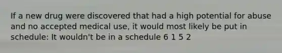 If a new drug were discovered that had a high potential for abuse and no accepted medical use, it would most likely be put in schedule: It wouldn't be in a schedule 6 1 5 2