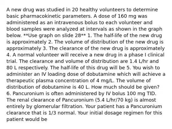 A new drug was studied in 20 healthy volunteers to determine basic pharmacokinetic parameters. A dose of 160 mg was administered as an intravenous bolus to each volunteer and blood samples were analyzed at intervals as shown in the graph below. **Use graph on slide 28** 1. The half-life of the new drug is approximately 2. The volume of distribution of the new drug is approximately 3. The clearance of the new drug is approximately 4. A normal volunteer will receive a new drug in a phase I clinical trial. The clearance and volume of distribution are 1.4 L/hr and 80 L respectively. The half-life of this drug will be 5. You wish to administer an IV loading dose of dobutamine which will achieve a therapeutic plasma concentration of 4 mg/L. The volume of distribution of dobutamine is 40 L. How much should be given? 6. Pancuronium is often administered by IV bolus 100 mg TID. The renal clearance of Pancuronium (5.4 L/hr/70 kg) is almost entirely by glomerular filtration. Your patient has a Pancuronium clearance that is 1/3 normal. Your initial dosage regimen for this patient would be