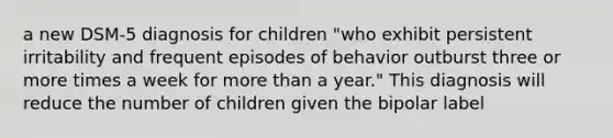 a new DSM-5 diagnosis for children "who exhibit persistent irritability and frequent episodes of behavior outburst three or more times a week for more than a year." This diagnosis will reduce the number of children given the bipolar label