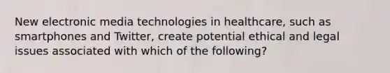 New electronic media technologies in healthcare, such as smartphones and Twitter, create potential ethical and legal issues associated with which of the following?