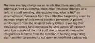 The new evening charge nurse recalls that there are both internal as well as external forces that influence changes on a unit. In a staff meeting, she explains that what is NOT an external force? Demands from the collective bargaining union to increase wages of unlicensed assistive personnel A patient safety report from the Hospital Safety Officer revealing that medication errors have increased by 15% across all inpatient units Low morale of the unit staff due to several unexpected resignations A memo from the Director of Nursing requesting staff consider carpooling to cut down on overfilled parking lots