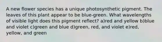 A new flower species has a unique photosynthetic pigment. The leaves of this plant appear to be blue-green. What wavelengths of visible light does this pigment reflect? a)red and yellow b)blue and violet c)green and blue d)green, red, and violet e)red, yellow, and green