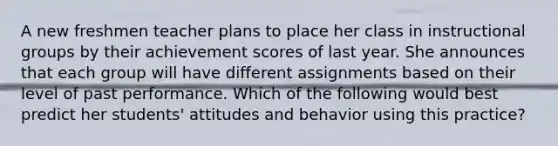 A new freshmen teacher plans to place her class in instructional groups by their achievement scores of last year. She announces that each group will have different assignments based on their level of past performance. Which of the following would best predict her students' attitudes and behavior using this practice?