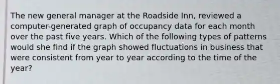 The new general manager at the Roadside Inn, reviewed a computer-generated graph of occupancy data for each month over the past five years. Which of the following types of patterns would she find if the graph showed fluctuations in business that were consistent from year to year according to the time of the year?