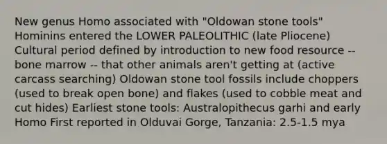 New genus Homo associated with "Oldowan stone tools" Hominins entered the LOWER PALEOLITHIC (late Pliocene) Cultural period defined by introduction to new food resource -- bone marrow -- that other animals aren't getting at (active carcass searching) Oldowan stone tool fossils include choppers (used to break open bone) and flakes (used to cobble meat and cut hides) Earliest stone tools: Australopithecus garhi and early Homo First reported in Olduvai Gorge, Tanzania: 2.5-1.5 mya