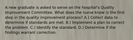 A new graduate is asked to serve on the hospital's Quality Improvement Committee. What does the nurse know is the first step in the quality improvement process? A.) Collect data to determine if standards are met. B.) Implement a plan to correct the problem. C.) Identify the standard. D.) Determine if the findings warrant correction.