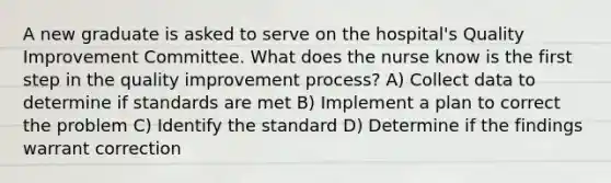 A new graduate is asked to serve on the hospital's Quality Improvement Committee. What does the nurse know is the first step in the quality improvement process? A) Collect data to determine if standards are met B) Implement a plan to correct the problem C) Identify the standard D) Determine if the findings warrant correction