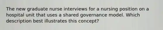 The new graduate nurse interviews for a nursing position on a hospital unit that uses a shared governance model. Which description best illustrates this concept?