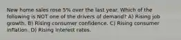 New home sales rose 5% over the last year. Which of the following is NOT one of the drivers of demand? A) Rising job growth. B) Rising consumer confidence. C) Rising consumer inflation. D) Rising interest rates.
