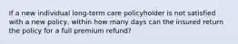 If a new individual long-term care policyholder is not satisfied with a new policy, within how many days can the insured return the policy for a full premium refund?