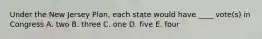 Under the New Jersey Plan, each state would have ____ vote(s) in Congress A. two B. three C. one D. five E. four