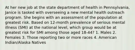 At her new job at the state department of health in Pennsylvania, Janice is tasked with overseeing a new mental health outreach program. She begins with an assessment of the population at greatest risk. Based on 12-month prevalence of serious mental illness (SMI) at the national level, which group would be at greatest risk for SMI among those aged 18-44? 1. Males 2. Females 3. Those reporting two or more races 4. American Indian/Alaska Natives