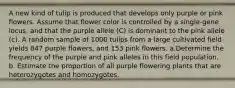 A new kind of tulip is produced that develops only purple or pink flowers. Assume that flower color is controlled by a single-gene locus, and that the purple allele (C) is dominant to the pink allele (c). A random sample of 1000 tulips from a large cultivated field yields 847 purple flowers, and 153 pink flowers. a.Determine the frequency of the purple and pink alleles in this field population. b. Estimate the proportion of all purple flowering plants that are heterozygotes and homozygotes.