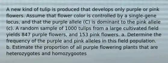 A new kind of tulip is produced that develops only purple or pink flowers. Assume that flower color is controlled by a single-gene locus, and that the purple allele (C) is dominant to the pink allele (c). A random sample of 1000 tulips from a large cultivated field yields 847 purple flowers, and 153 pink flowers. a. Determine the frequency of the purple and pink alleles in this field population. b. Estimate the proportion of all purple flowering plants that are heterozygotes and homozygootes