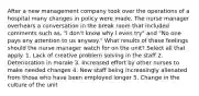 After a new management company took over the operations of a hospital many changes in policy were made. The nurse manager overhears a conversation in the break room that included comments such as, "I don't know why I even try" and "No one pays any attention to us anyway." What results of these feelings should the nurse manager watch for on the unit? Select all that apply. 1. Lack of creative problem solving in the staff 2. Deterioration in morale 3. Increased effort by other nurses to make needed changes 4. New staff being increasingly alienated from those who have been employed longer 5. Change in the culture of the unit