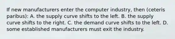 If new manufacturers enter the computer industry, then (ceteris paribus): A. the supply curve shifts to the left. B. the supply curve shifts to the right. C. the demand curve shifts to the left. D. some established manufacturers must exit the industry.