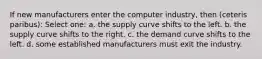 If new manufacturers enter the computer industry, then (ceteris paribus): Select one: a. the supply curve shifts to the left. b. the supply curve shifts to the right. c. the demand curve shifts to the left. d. some established manufacturers must exit the industry.