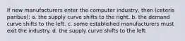 If new manufacturers enter the computer industry, then (ceteris paribus): a. the supply curve shifts to the right. b. the demand curve shifts to the left. c. some established manufacturers must exit the industry. d. the supply curve shifts to the left.