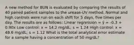 A new method for BUN is evaluated by comparing the results of 40 paired patient samples to the urease-UV method. Normal and high controls were run on each shift for 5 days, five times per day. The results are as follows: Linear regression = ŷ = -0.3 + 0.90x Low control: x = 14.2 mg/dL; s = 1.24 High control: x = 48.6 mg/dL; s = 1.12 What is the total analytical error estimate for a sample having a concentration of 50 mg/dL?