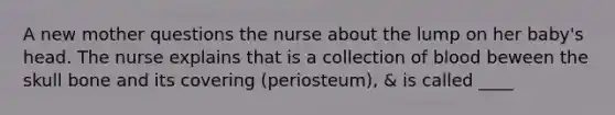 A new mother questions the nurse about the lump on her baby's head. The nurse explains that is a collection of blood beween the skull bone and its covering (periosteum), & is called ____