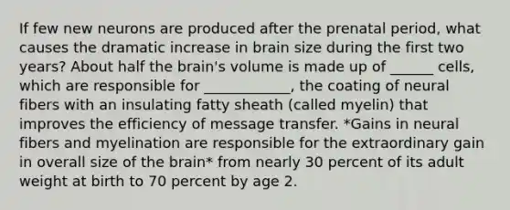 If few new neurons are produced after the prenatal period, what causes the dramatic increase in brain size during the first two years? About half the brain's volume is made up of ______ cells, which are responsible for ____________, the coating of neural fibers with an insulating fatty sheath (called myelin) that improves the efficiency of message transfer. *Gains in neural fibers and myelination are responsible for the extraordinary gain in overall size of the brain* from nearly 30 percent of its adult weight at birth to 70 percent by age 2.