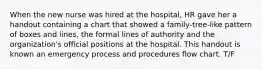 When the new nurse was hired at the hospital, HR gave her a handout containing a chart that showed a family-tree-like pattern of boxes and lines, the formal lines of authority and the organization's official positions at the hospital. This handout is known an emergency process and procedures flow chart. T/F