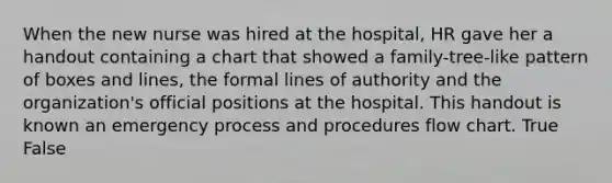 When the new nurse was hired at the hospital, HR gave her a handout containing a chart that showed a family-tree-like pattern of boxes and lines, the formal lines of authority and the organization's official positions at the hospital. This handout is known an emergency process and procedures flow chart. True False