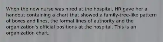 When the new nurse was hired at the hospital, HR gave her a handout containing a chart that showed a family-tree-like pattern of boxes and lines, the formal lines of authority and the organization's official positions at the hospital. This is an organization chart.