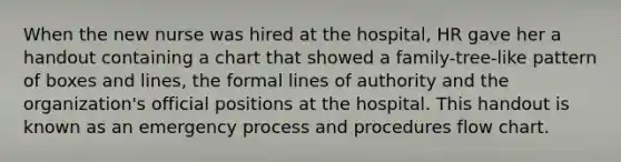 When the new nurse was hired at the hospital, HR gave her a handout containing a chart that showed a family-tree-like pattern of boxes and lines, the formal lines of authority and the organization's official positions at the hospital. This handout is known as an emergency process and procedures flow chart.