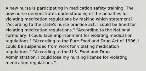 A new nurse is participating in medication safety training. The new nurse demonstrates understanding of the penalties for violating medication regulations by making which statement? "According to the state's nurse practice act, I could be fined for violating medication regulations." "According to the National Formulary, I could face imprisonment for violating medication regulations." "According to the Pure Food and Drug Act of 1906, I could be suspended from work for violating medication regulations." "According to the U.S. Food and Drug Administration, I could lose my nursing license for violating medication regulations."