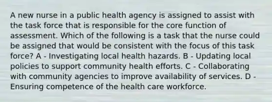 A new nurse in a public health agency is assigned to assist with the task force that is responsible for the core function of assessment. Which of the following is a task that the nurse could be assigned that would be consistent with the focus of this task force? A - Investigating local health hazards. B - Updating local policies to support community health efforts. C - Collaborating with community agencies to improve availability of services. D - Ensuring competence of the health care workforce.