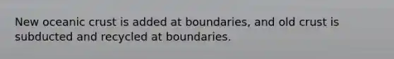 New oceanic crust is added at boundaries, and old crust is subducted and recycled at boundaries.