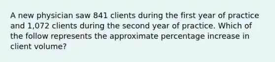 A new physician saw 841 clients during the first year of practice and 1,072 clients during the second year of practice. Which of the follow represents the approximate percentage increase in client volume?