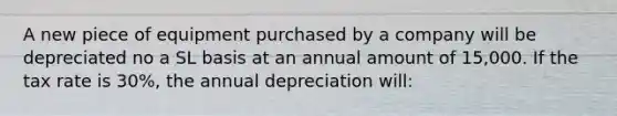 A new piece of equipment purchased by a company will be depreciated no a SL basis at an annual amount of 15,000. If the tax rate is 30%, the annual depreciation will: