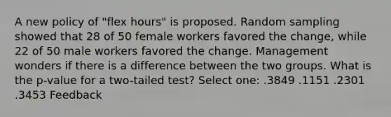 A new policy of "flex hours" is proposed. Random sampling showed that 28 of 50 female workers favored the change, while 22 of 50 male workers favored the change. Management wonders if there is a difference between the two groups. What is the p-value for a two-tailed test? Select one: .3849 .1151 .2301 .3453 Feedback