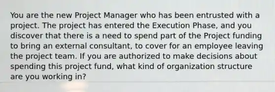 You are the new Project Manager who has been entrusted with a project. The project has entered the Execution Phase, and you discover that there is a need to spend part of the Project funding to bring an external consultant, to cover for an employee leaving the project team. If you are authorized to make decisions about spending this project fund, what kind of organization structure are you working in?