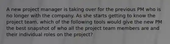 A new project manager is taking over for the previous PM who is no longer with the company. As she starts getting to know the project team, which of the following tools would give the new PM the best snapshot of who all the project team members are and their individual roles on the project?