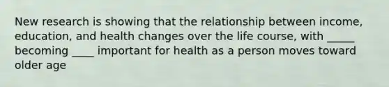 New research is showing that the relationship between income, education, and health changes over the life course, with _____ becoming ____ important for health as a person moves toward older age