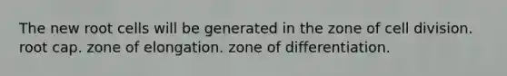 The new root cells will be generated in the zone of cell division. root cap. zone of elongation. zone of differentiation.