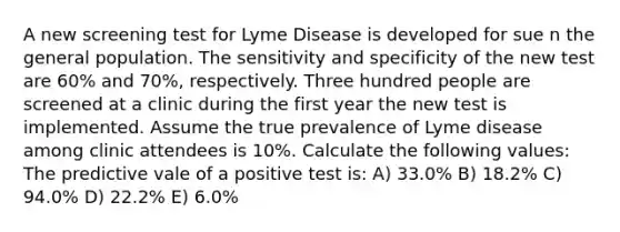 A new screening test for Lyme Disease is developed for sue n the general population. The sensitivity and specificity of the new test are 60% and 70%, respectively. Three hundred people are screened at a clinic during the first year the new test is implemented. Assume the true prevalence of Lyme disease among clinic attendees is 10%. Calculate the following values: The predictive vale of a positive test is: A) 33.0% B) 18.2% C) 94.0% D) 22.2% E) 6.0%