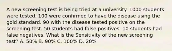 A new screening test is being tried at a university. 1000 students were tested. 100 were confirmed to have the disease using the gold standard. 90 with the disease tested positive on the screening test. 50 students had false positives. 10 students had false negatives. What is the Sensitivity of the new screening test? A. 50% B. 90% C. 100% D. 20%